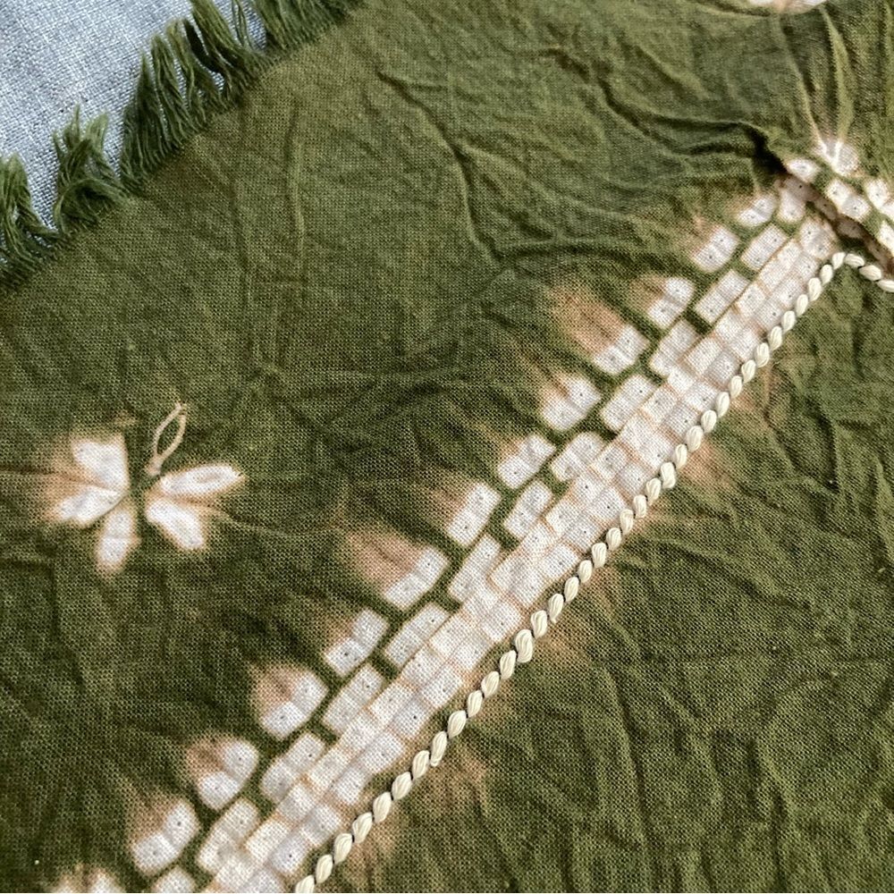 Hand Dyed Scarf Stitched Shibori Embroidered Olive Green Tie Dye 42" Square - Picture 7 of 8